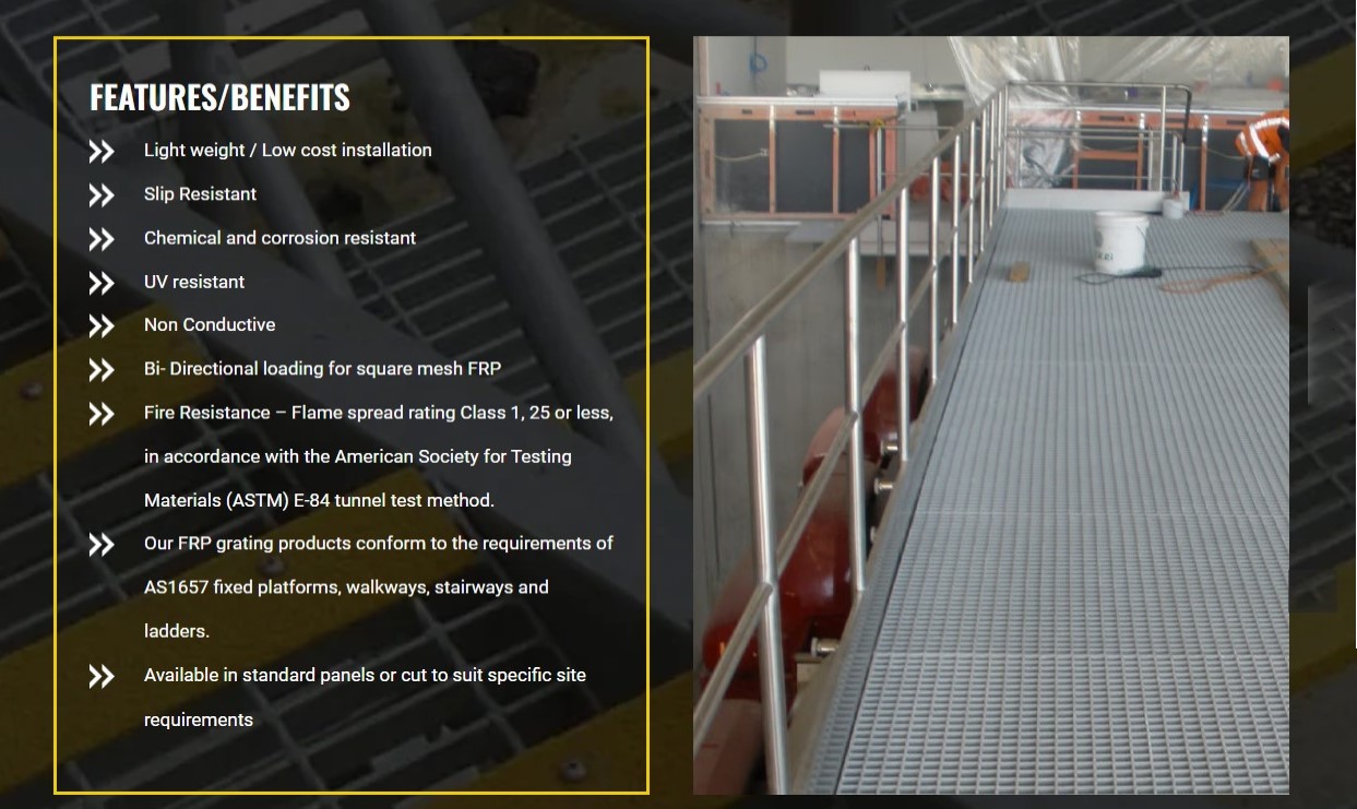 Steel Grating LTD FRP grating products offer a variety of surface and colour options, also in standard panels or cut to suit specific site requirements. Contact us for all your Steel Grating requirements.